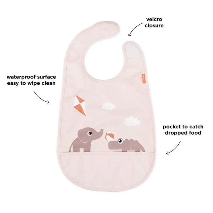 Bavaglino Impermeabile Con Tasca Elefante Con Aquilone e Coccodrillo Rosa - Chiusura in Velcro