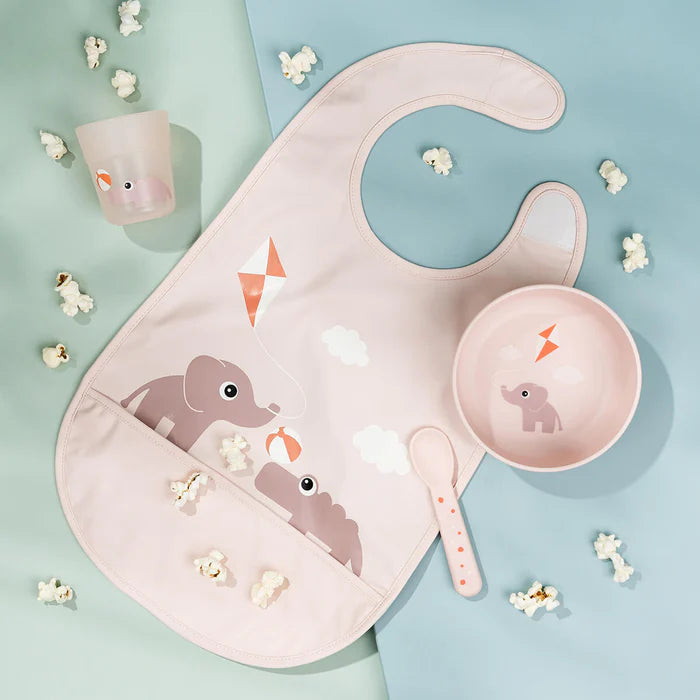 Bavaglino Impermeabile Con Tasca Elefante Con Aquilone e Coccodrillo Rosa - Chiusura in Velcro