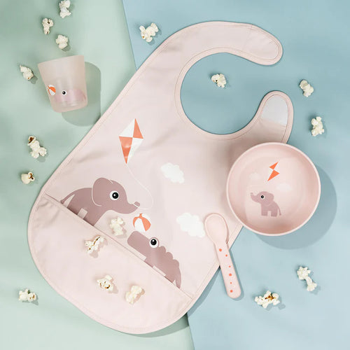 Bavaglino Impermeabile Con Tasca Elefante Con Aquilone e Coccodrillo Rosa - Chiusura in Velcro