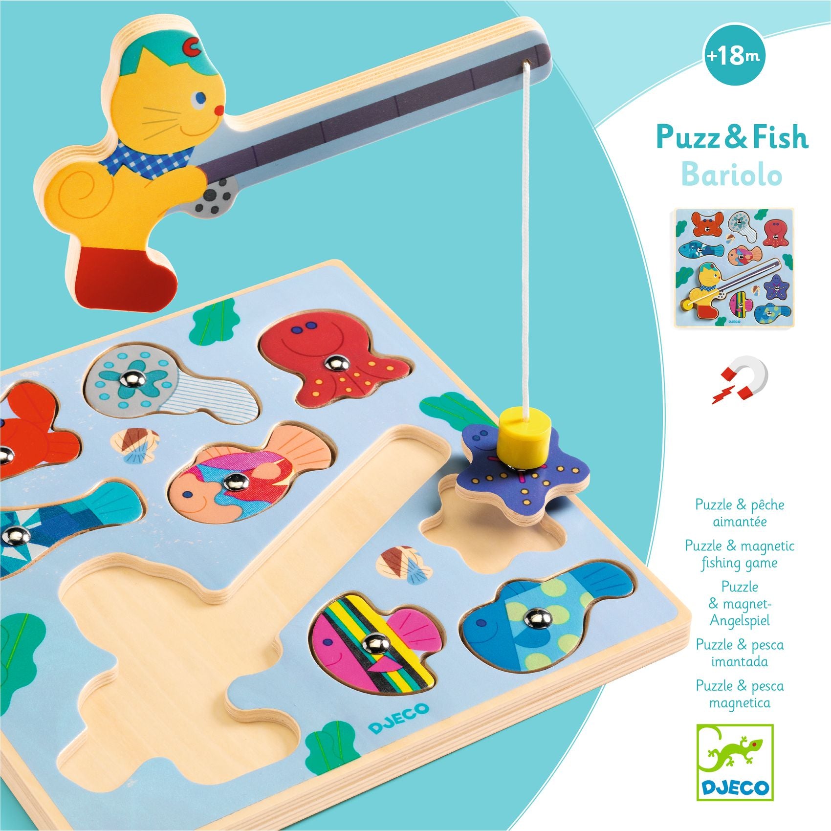 Puzzle A Incastri In Legno E Pesca Magnetica - Celeste