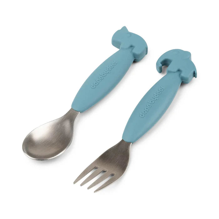 Set 2 Posate Antiscivolo Blu In Acciaio Inossidabile - Forchetta e Cucchiaio