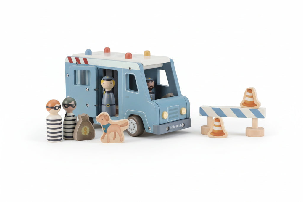 Macchina Grande Della Polizia Con Personaggi In Legno