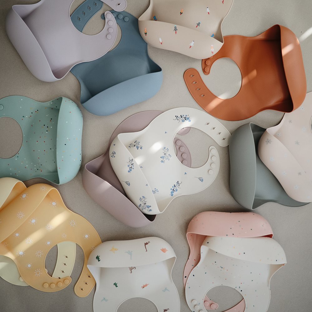 Bavaglino In Silicone Con Tasca - Fiori Lilac