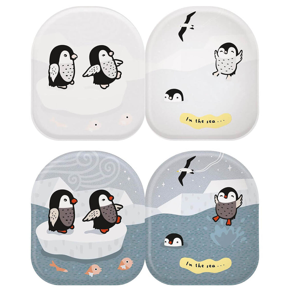 Pagine del libro da bagno Penguin & Friends prima e dopo il cambio colore in acqua